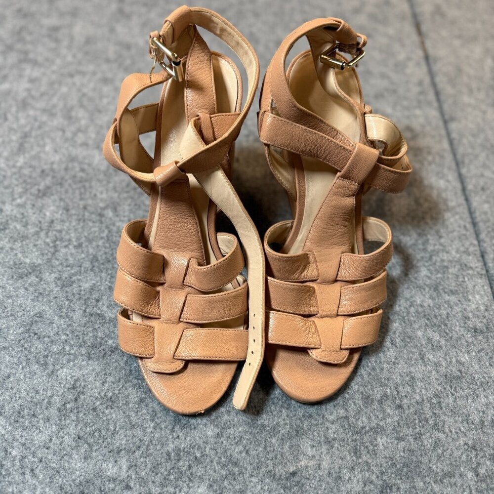 Nine West Farfalla Womens US 9 M Sandals Tan Leather Ankle T-Strap Wedge Heel